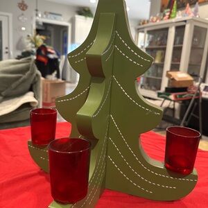 Green Wooden Christmas Tree Candle Holder